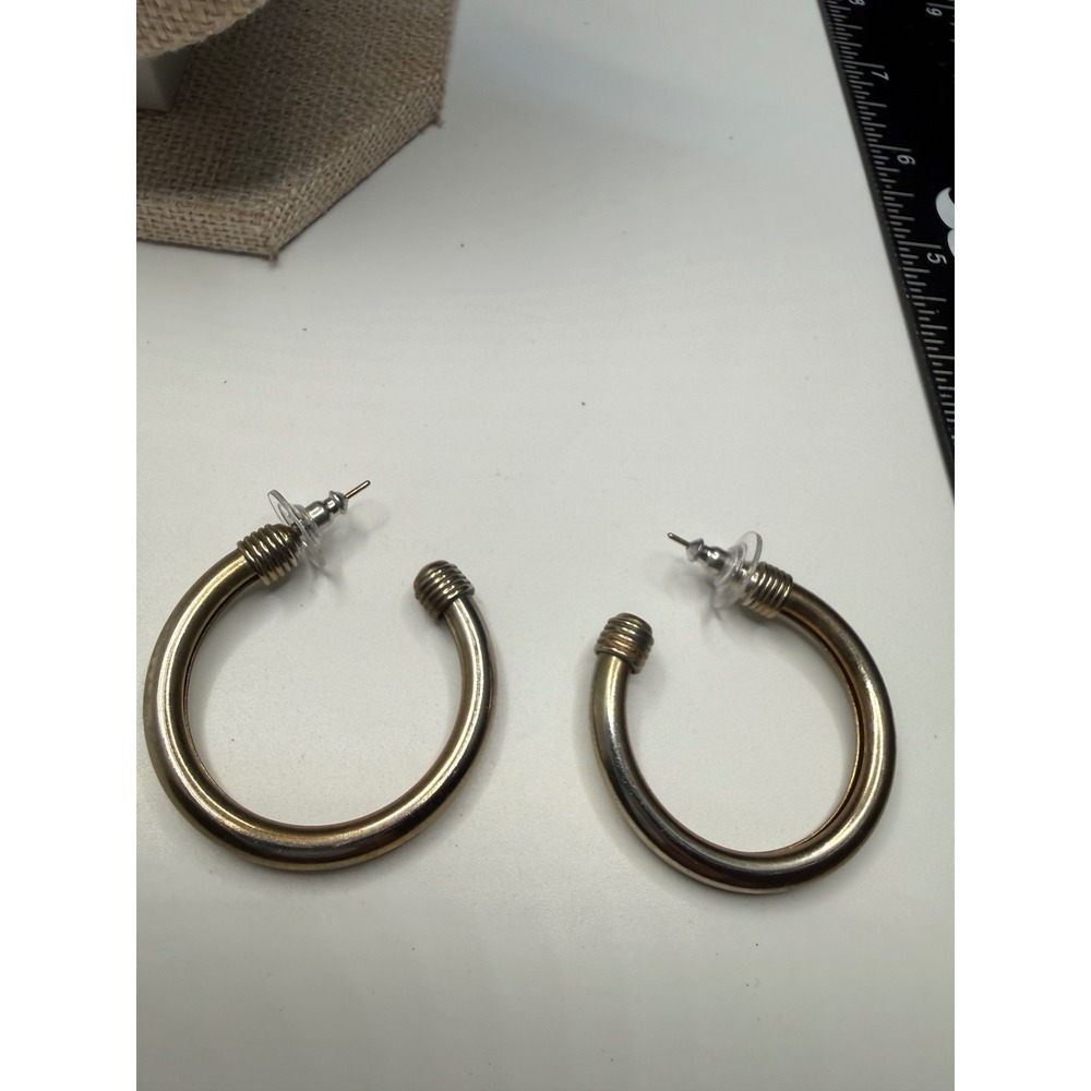 Vintage Gold‎ Tone Chunky Ribbed C Hoop Earrings Post Back 1.25 Inch
